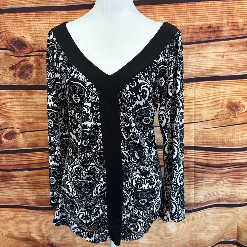 INC Womens Black White Floral Business V Neck Long Sleeve Top Size XL
